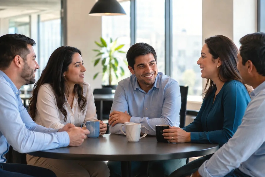 Un equipo conversa alrededor de una mesa en una oficina con luz de ventana.